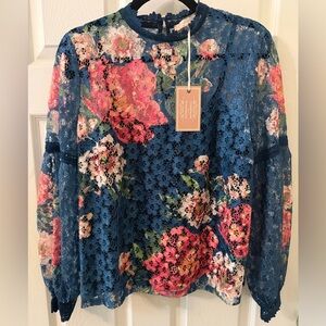 Floral Lace Women Top - Teal and  Pink Size M